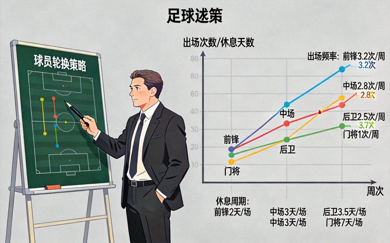 意甲球队教练在战术板前规划球员轮换策略，显示不同位置球员的出场频率和休息周期图表